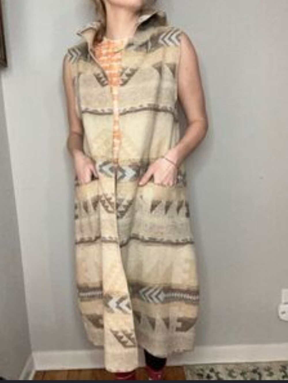 dylan Cream and Tan Aztec Long Sleeveless Cardigan